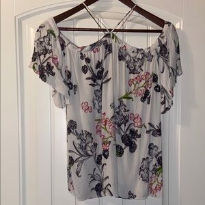 1. State White and Black Flutter Sleeve Floral Blouse